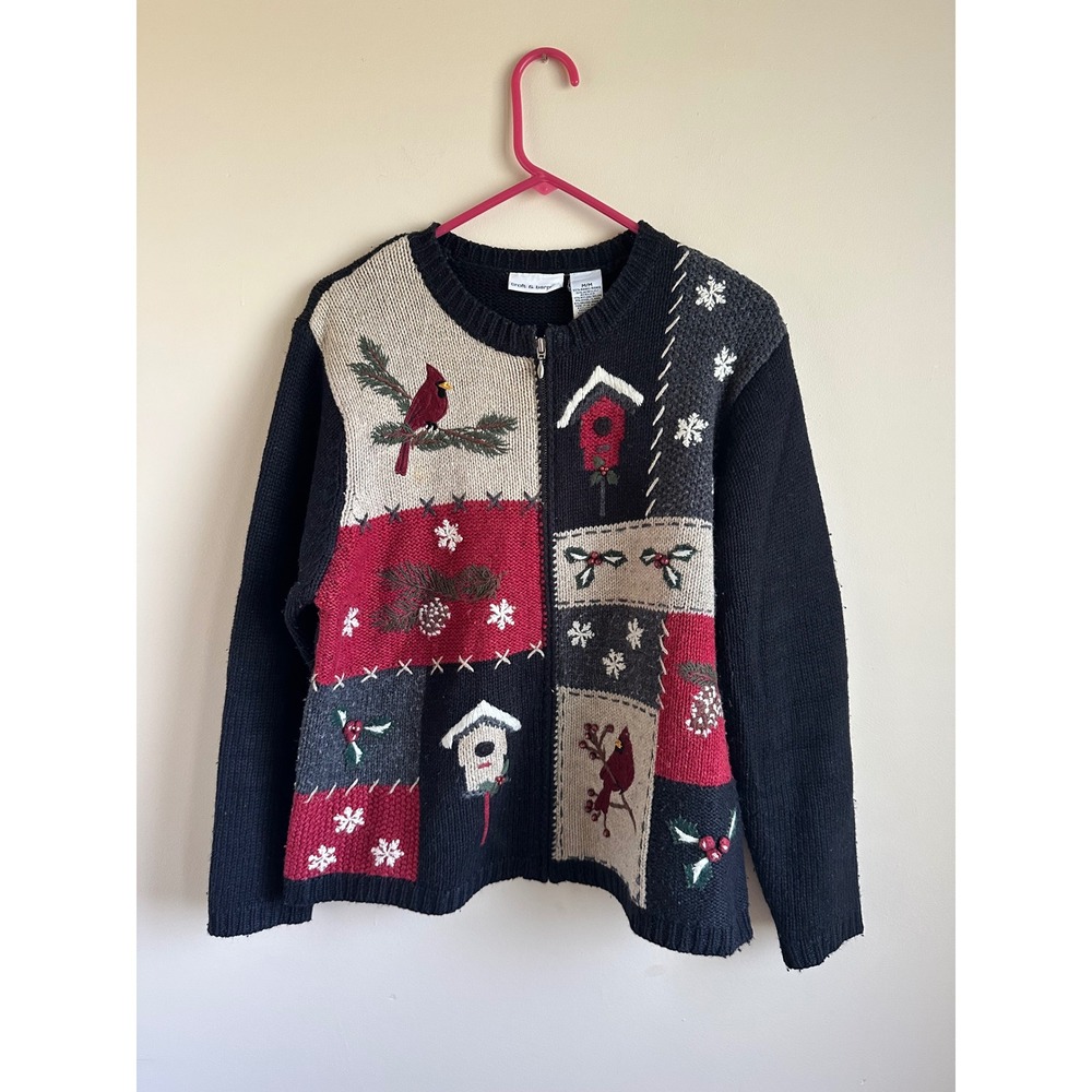 Croft & Barrow Christmas Cardinal Birdhouse Patchwork Zip Cardigan Sweater M #72